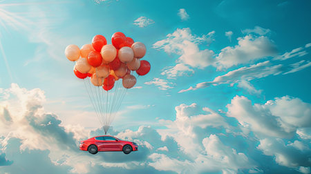 Brand new sports car traveling by air in the sky flying with balloons tied with string.の素材