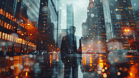 Closeup portrait of young man standing in office next to window at night with city skyscrapers blurred in the background.の素材