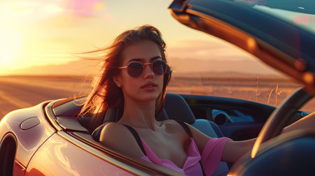 Preety young woman driving alone sports car at sunset on the road.の素材