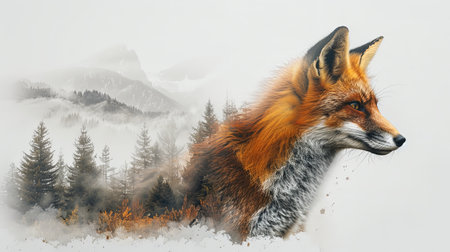 Mountain landscape with forest double exposure of fox portrait closeup isolated on white.の素材