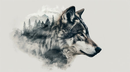 Wolf portrait in the mountains closeup graphic design with winter mountain landscape background isolated on white.の素材