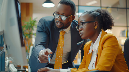 Two african american young people man and woman software engineers conding at desk with computer in office talking and poiting at monitor.の素材