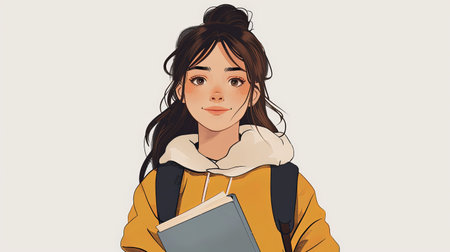 Cartoon illustration of young teenage woman holding notebook in hand 2d minimalist design.の素材