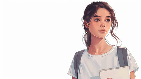 Simple cartoon illustration of young woman holding book in hand on clean background.の素材