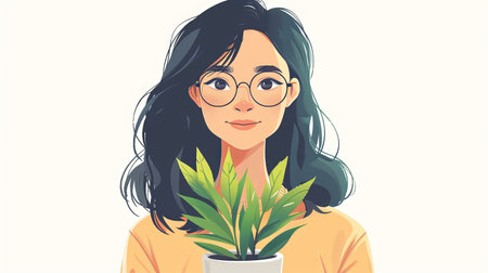 2d minimalist illustration of woman holding plant in pot on clean background.の素材