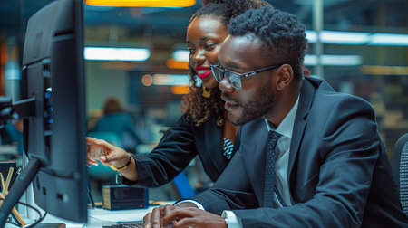 Businesswoman and man african american it engineers collaborating together indoors writing code on computer monitor using laptop at desk.の素材