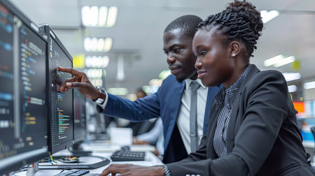 Computer programmer software development engineer team of two african american young people man and woman working together in office writing code on computer sitting at desk pointing at monitor.の素材