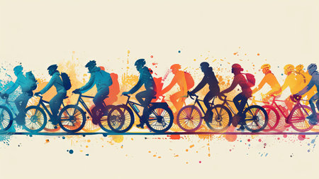 Cartoon illustration of active people group riding bicycles in a line outside.の素材