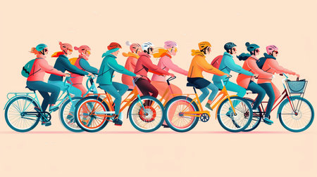 Cartoon illustration of active people group riding bicycles in a line outside.の素材
