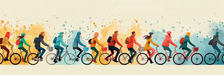 Banner illustration of people riding bicycles together flat side view.の素材