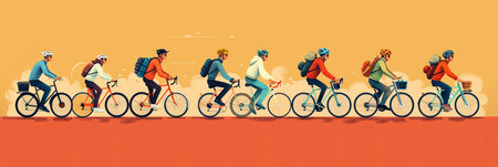 Banner illustration of people riding bicycles together flat side view.の素材