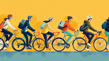 Cartoon illustration of active people riding bicycles in a line flat lay side view.の素材