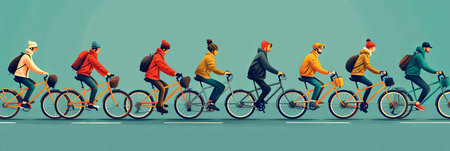 Banner illustration of people riding bicycles together flat side view.の素材