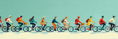 Side view panoramic banner illustration of group of diverse people riding bicycles together.の素材