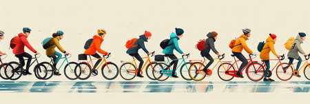 Side view panoramic banner illustration of group of diverse people riding bicycles together.の素材