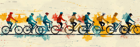 Illustration of group of people riding bicycles in a line together flat layの素材