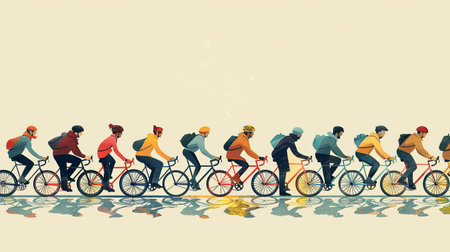 Cartoon illustration of active people riding bicycles in a line flat lay side view.の素材