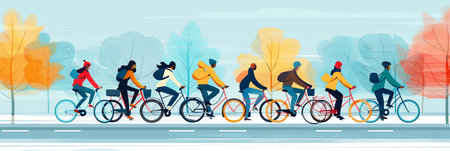 Side view panoramic banner illustration of group of diverse people riding bicycles together.の素材