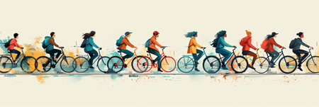 Panoramic banner illustration of many active people riding bicycles together outside.の素材