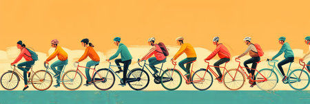 Banner illustration of people riding bicycles together flat side view.の素材