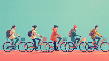 Cartoon illustration of people riding bicycles together flat lay.の素材