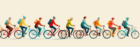 Panoramic banner illustration of many active people riding bicycles together outside.の素材