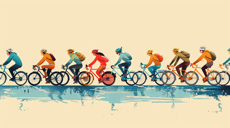 Cartoon illustration of people cycling together.outside.の素材