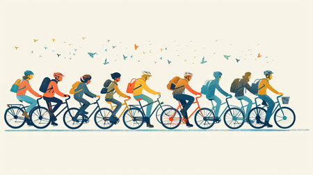 Cartoon illustration of people cycling together.outside.の素材