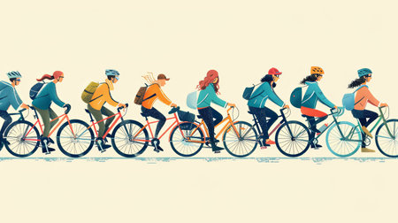 Flat side view cartoon illustration of grooup of people riding bicycles together.の素材
