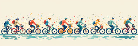 Panoramic banner illustration of many active people riding bicycles together outside.の素材
