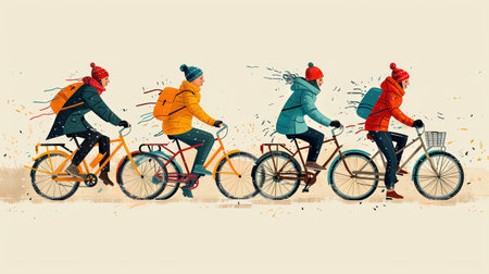 Flat side view cartoon illustration of grooup of people riding bicycles together.の素材