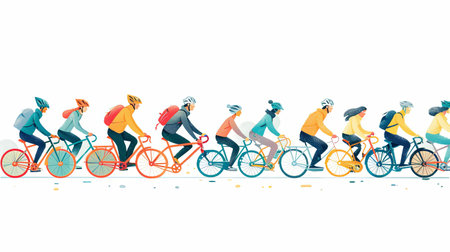 Cartoon illustration of people riding bicycles together flat lay.の素材