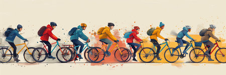 Flat lay illustration side view of people riding bicycles together outside.の素材