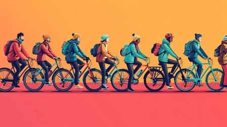 Cartoon illustration of people cycling together.outside.の素材