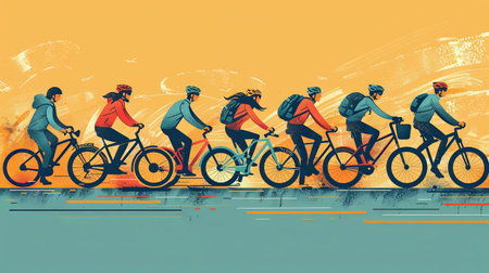 Illustration of group of people riding bicycles in a line outside.の素材