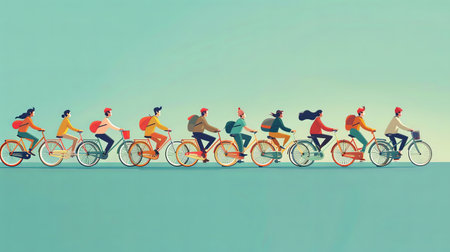 Cartoon illustration of active people riding bicycles in a line flat lay side view.の素材