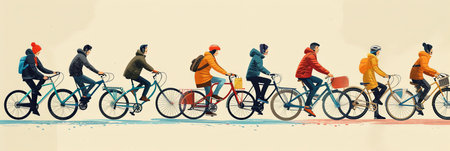 Flat lay illustration side view of people riding bicycles together outside.の素材