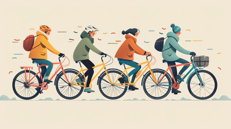 Cartoon illustration of people cycling together.outside.の素材