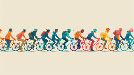 Cartoon illustration of active people riding bicycles in a line flat lay side view.の素材