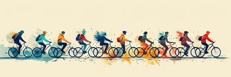 Side view panoramic banner illustration of group of diverse people riding bicycles together.の素材