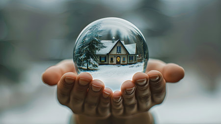 Closeup of crystal ball with house reflection inside.の素材