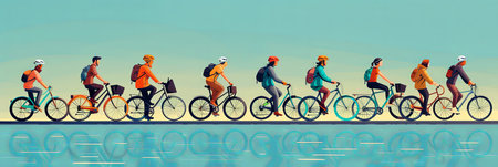 Illustration of group of people riding bicycles in a line together flat layの素材