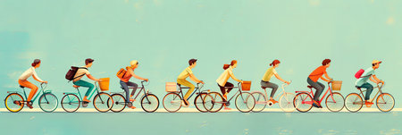 Illustration of group of people riding bicycles in a line together flat layの素材
