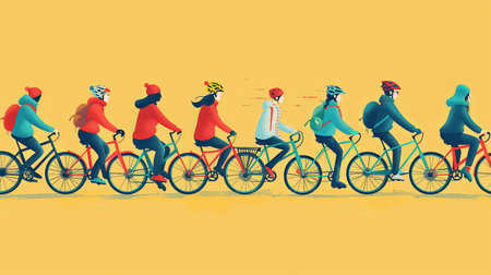 Flat side view cartoon illustration of grooup of people riding bicycles together.の素材