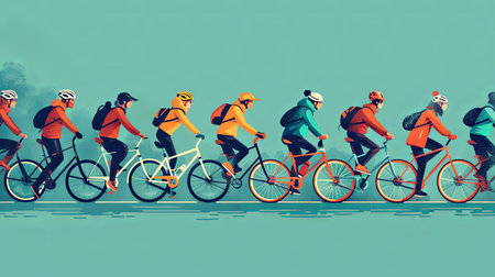 Illustration of group of people riding bicycles in a line outside.の素材