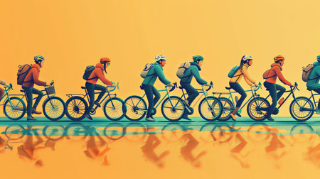 Illustration of group of people riding bicycles in a line outside.の素材