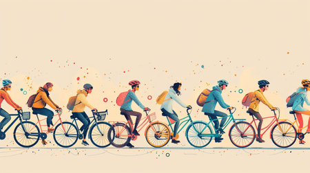 Illustration of group of people riding bicycles in a line outside.の素材