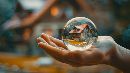 Hand holding glass crystal ball with house inside and green vegetation around.の素材