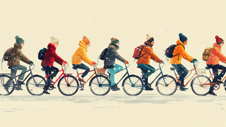 Cartoon illustration of active people group riding bicycles in a line outside.の素材