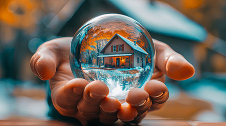 Glass ball with small house inside on bright sunny summer day.の素材